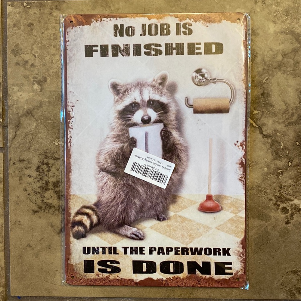 NEW Finamille Raccoons Tin Bathroom Sign. Still in original package.
